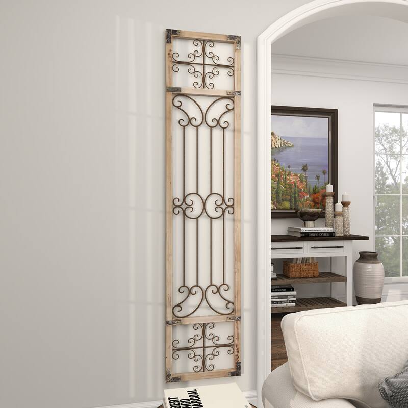 Wood Scroll Distressed Ornamental Panel Home Wall Decor with Bronze Metal Wire Details - Cream - Roche River Decor