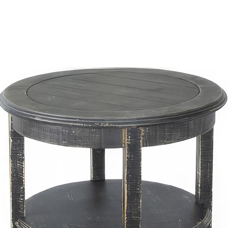 Rena Side End Table with 2 Shelves, 24 Inch Round Black Mahogany Wood