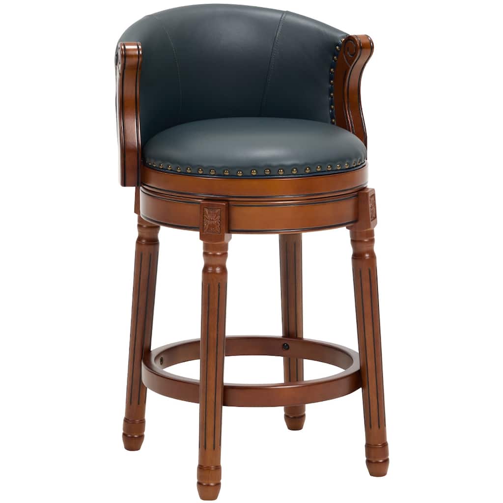 Cow Print Leather Swivel Bar Stool with Back, Wooden Frame & 360-Degree Spin, Bar Height, Blue