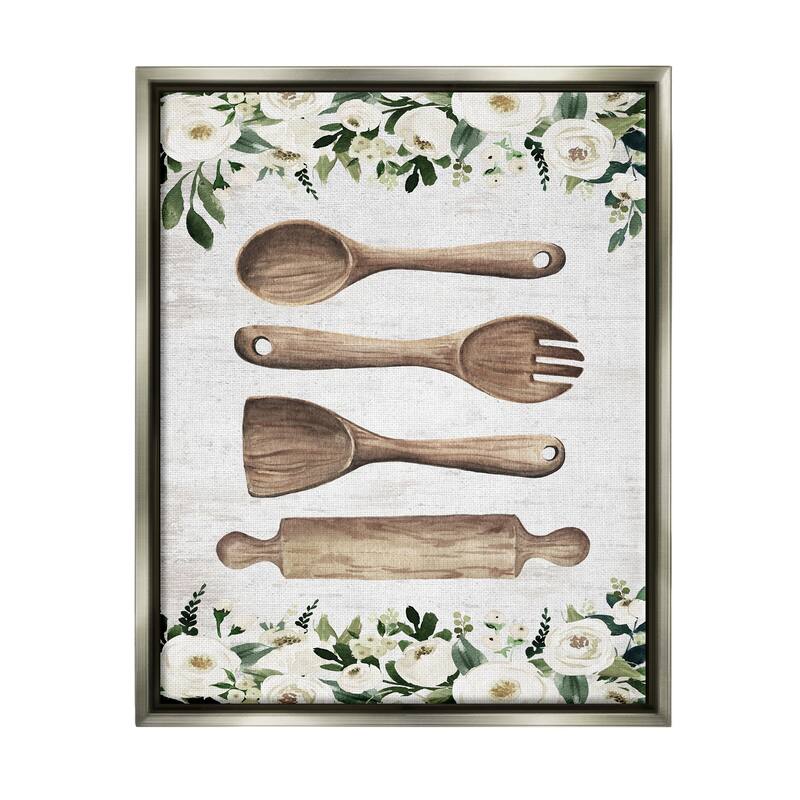 Stupell Kitchen Utensils & Roses Framed Floater Canvas Wall Art Design