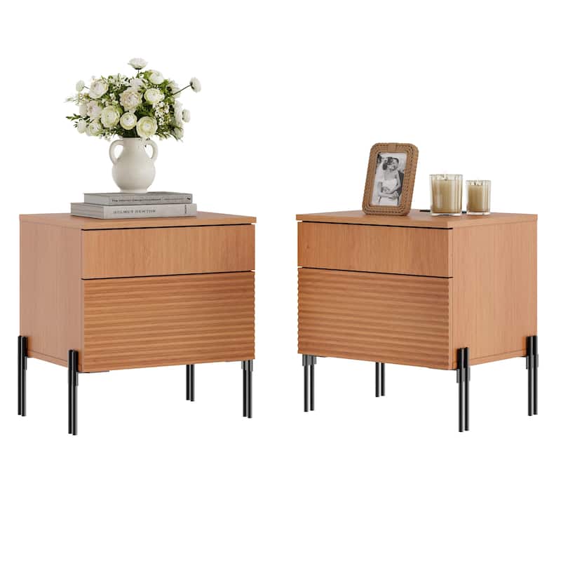WAMPAT Fluted Nightstand with Charging Station,Modern Side Table with 2 Drawers - 2 Pic - Mocha