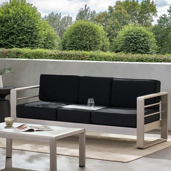slide 2 of 11, Cape Coral Aluminum and Sunbrella Outdoor 3 Seater Sofa with Cushions by Christopher Knight Home Silver+ Black