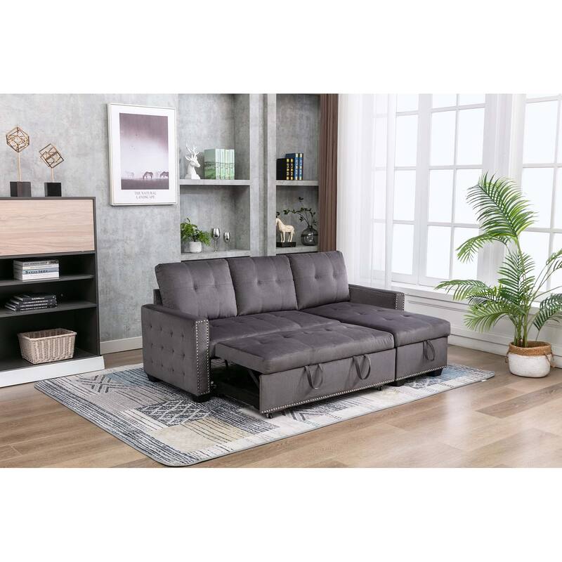 Classic and Cozy L-shape Pull-out Sleeper Sectional Sofa - Dark Grey+Fabric
