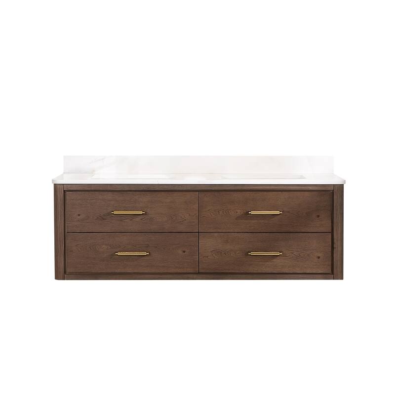 Cristo Floating Bath Vanity with White Quartz Stone Top without Mirror - 60 in. - Dark Brown Oak