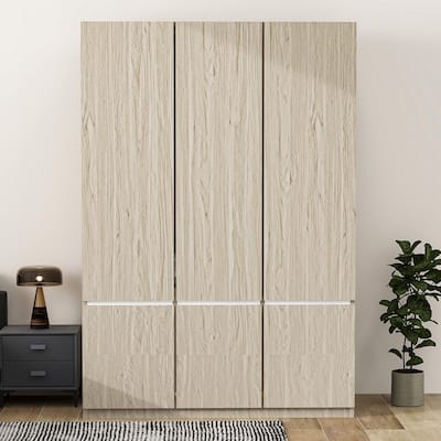 6 Door Wardrobe Closet with Hanging Rod and Storage Compartments, Wooden Bedroom Armoire Clothes Storage Cabinet, Natural Wood