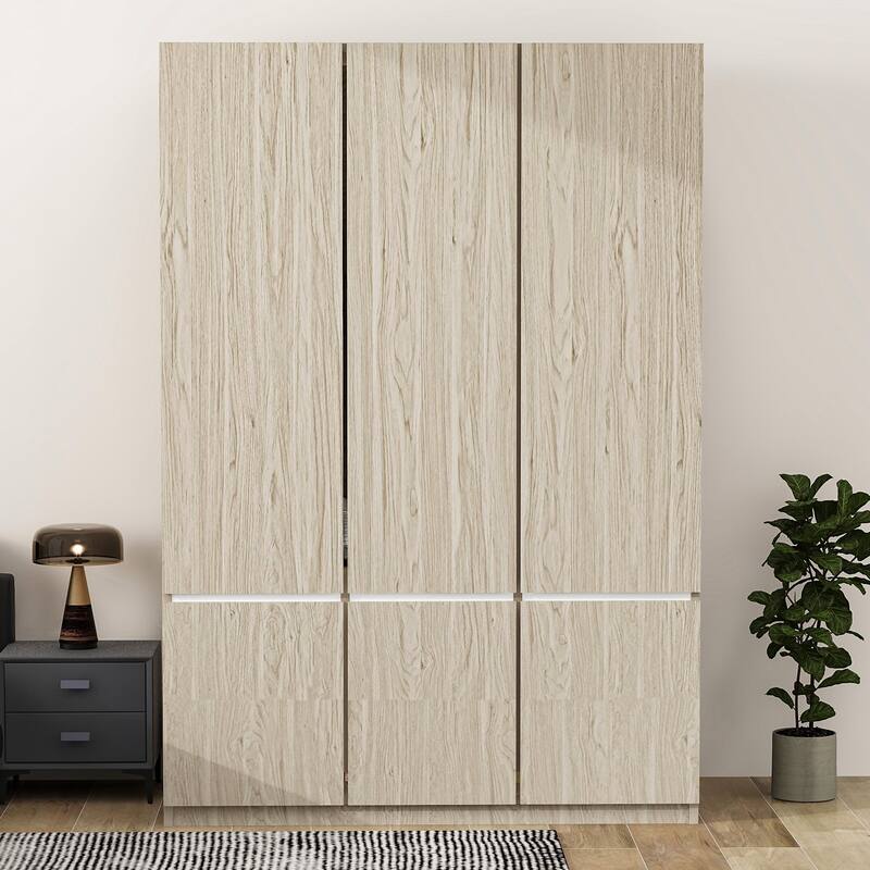 6-Doors Wooden Wardrobe Storage Armoire with Built-in Hanging Rail Clothes Storage Cabinet for Bedroom