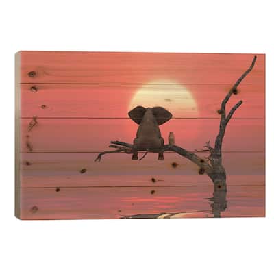 Elephant And Dog Are Sitting On A Tree At Red Sunset Print On Wood by Mike Kiev - Multi-Color