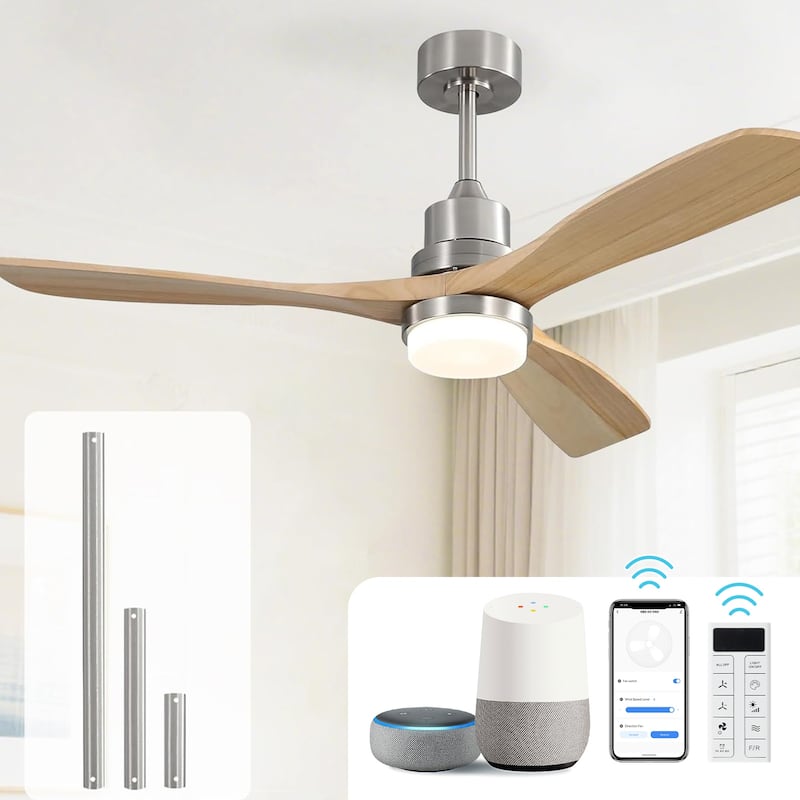 52" Solid Wood Noiseless 3-Blade Ceiling Fans with Dimmable LED Light Optional and Remote, 6-Speed Reversible DC Motor - (Smart)Silver and Natural wood Blades/With light