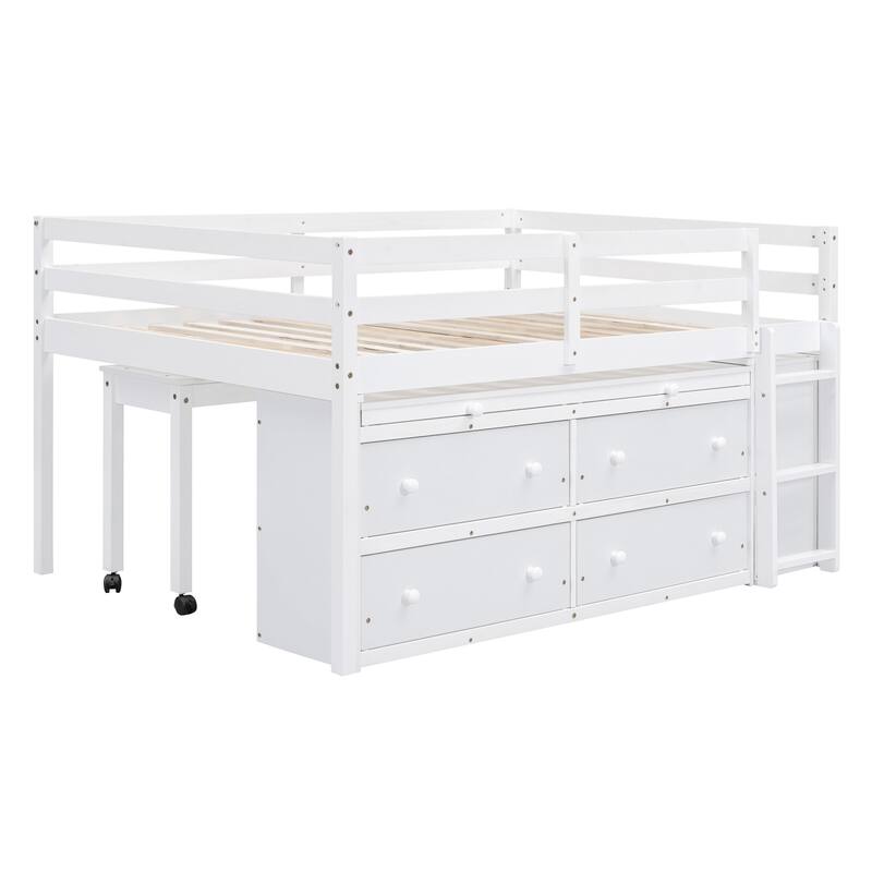 Full Size Loft Bed with Retractable Desk and Storage Drawers, White