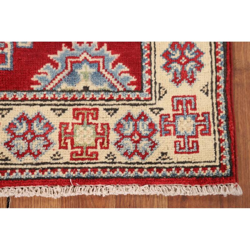 Geometric Red Kazak Accent Rug Handmade Wool Carpet - 2'9" x 4'0"