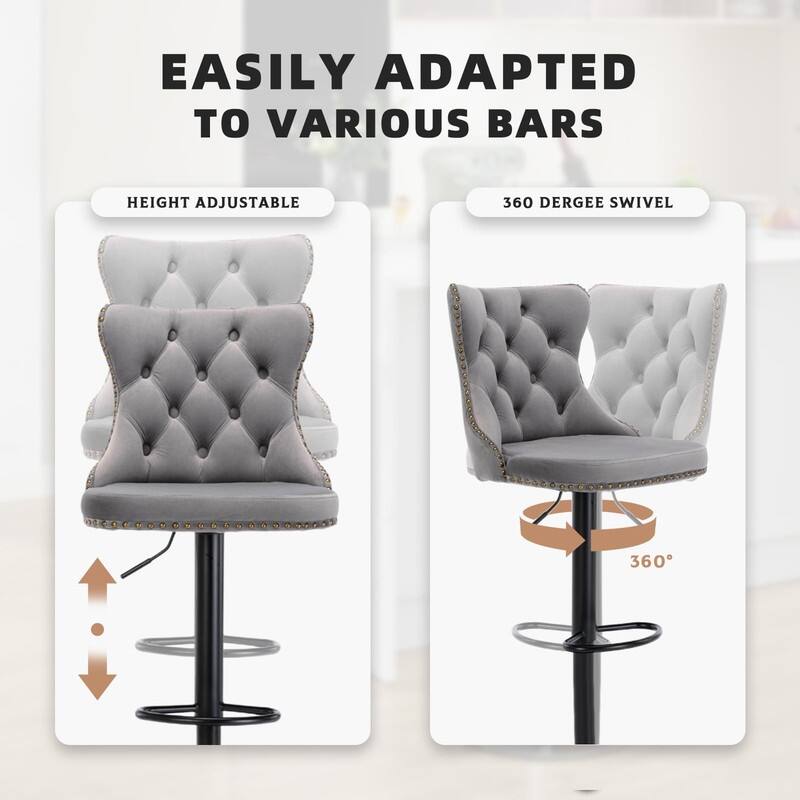 Velvet Upholstered Nailheads Tufted Swivel Bar Stools (Set of 2)