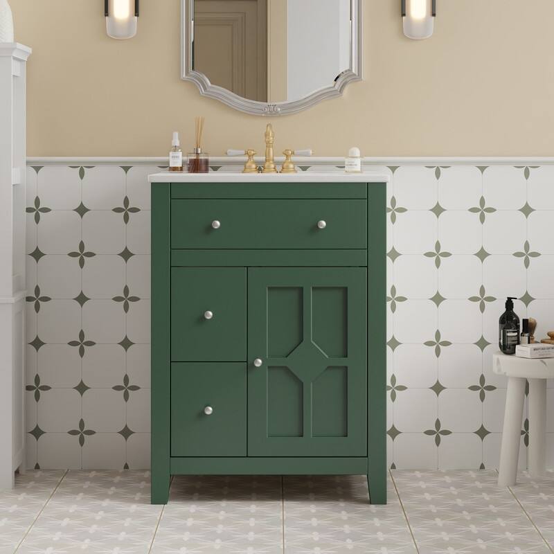 24" Bathroom Vanity with Ceramic Basin, 2 Drawers, Soft-Closing Door