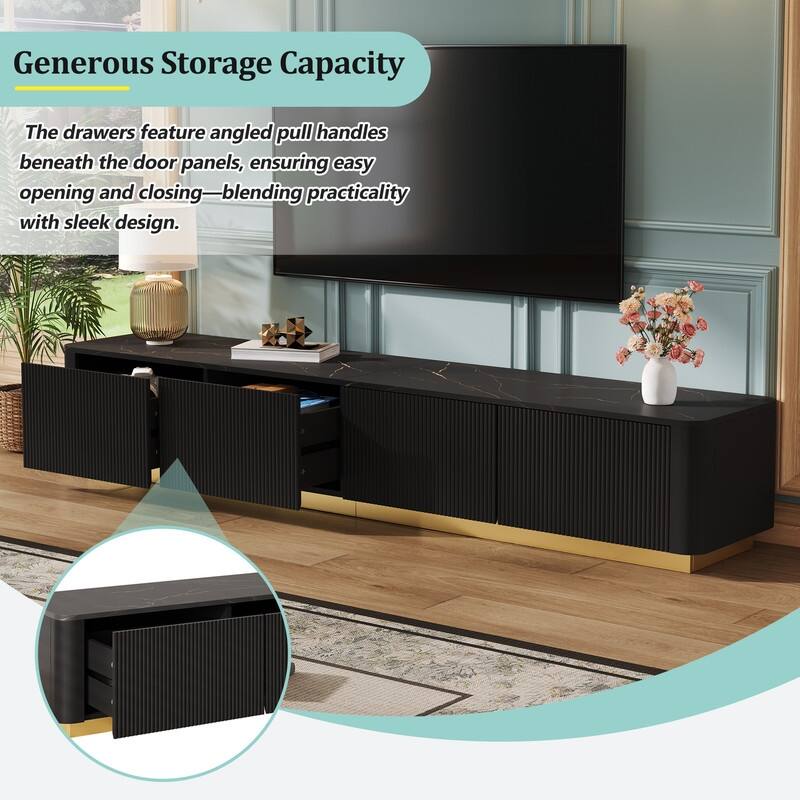 Luxury Fluted TV Stand for 85" TVs - Faux Marble Console with Gold Base & Curved Design