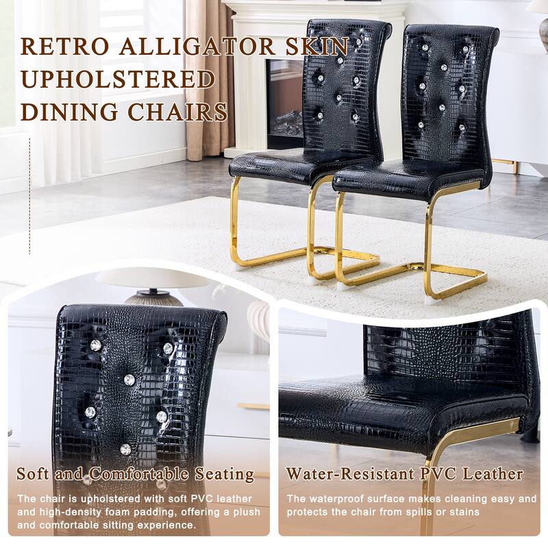Retro Alligator-Embossed Faux Leather Dining Chairs with Crystal Buckle, Accent Upholstered Kitchen Chairs