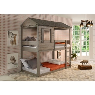 Twin over Twin Size Solid Wood Bunk Bed with Roof and Ladder