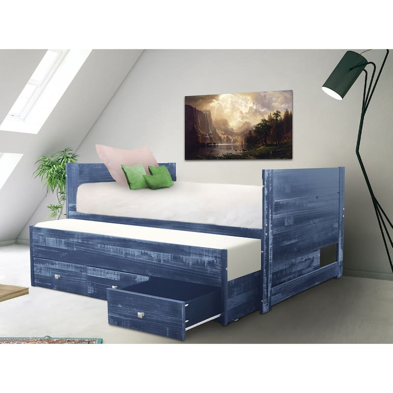 Taylor & Olive Begonia Twin Bed with Twin Trundle & 3 Built in Drawers - Weathered Blue