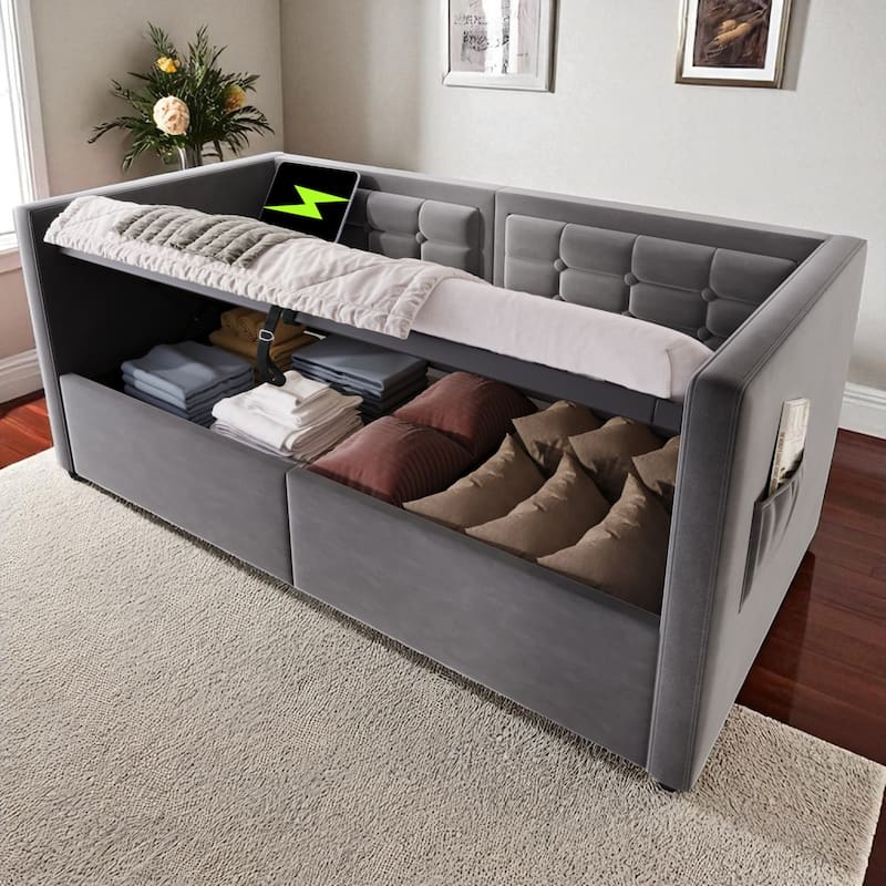 Upholstered Twin Daybed with Hydraulic Storage, USB & Type-C Charging, Velvet Frame with Wooden Slats