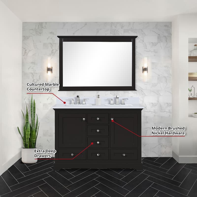 Dukes 48 in. W x 22 in. D Navy Blue Double Bath Vanity, Cultured Marble Top, and 46 in. Mirror
