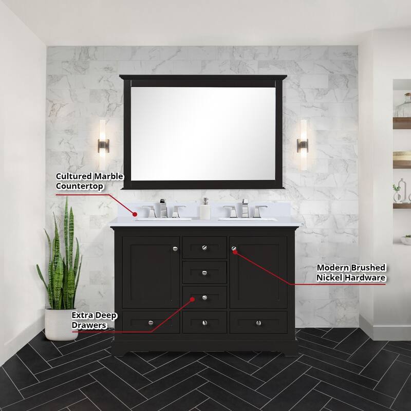 Dukes 48 in. W x 22 in. D White Double Bath Vanity, Cultured Marble Top, Faucet Set, 46 in. Mirror