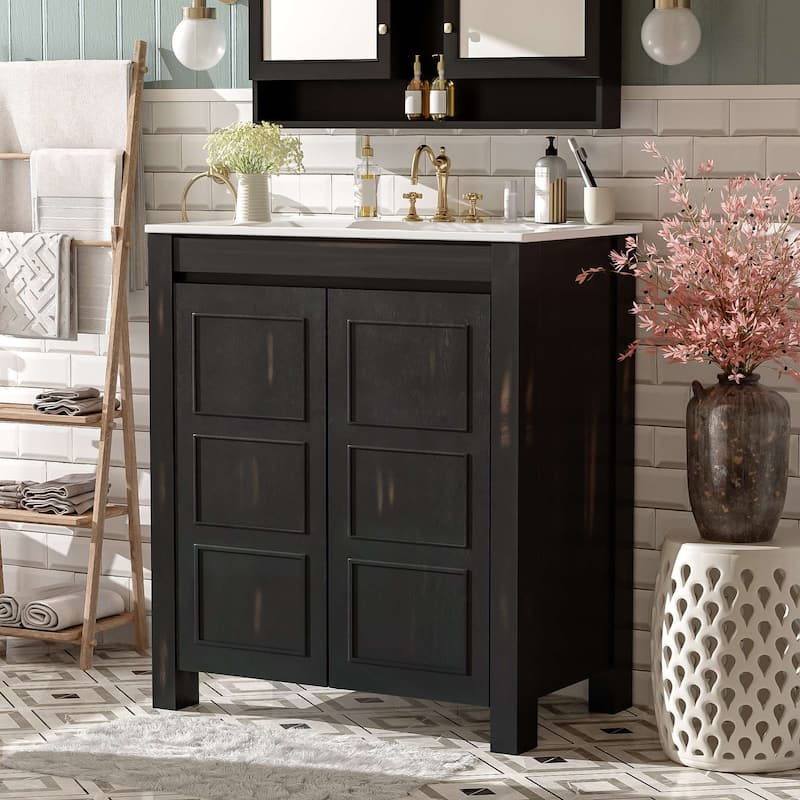 30 " Rustic Bathroom Vanity with Ceramic Sink, Adjustable Shelves