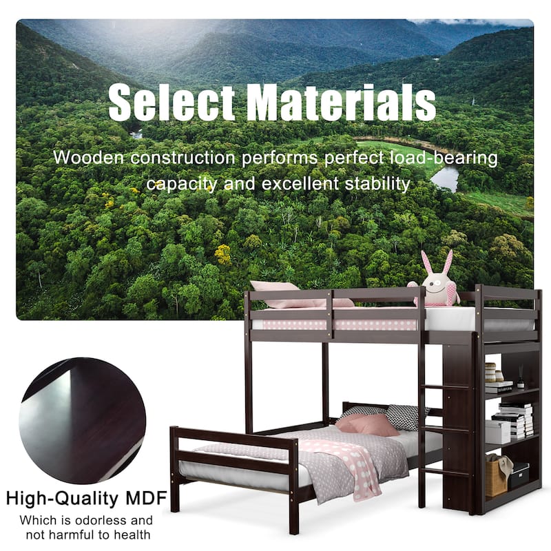 Costway Twin Over Twin Loft Bunk Bed Wood w/Bookcase Guardrail Ladder - 79.5'' x 44'' x 58.5''
