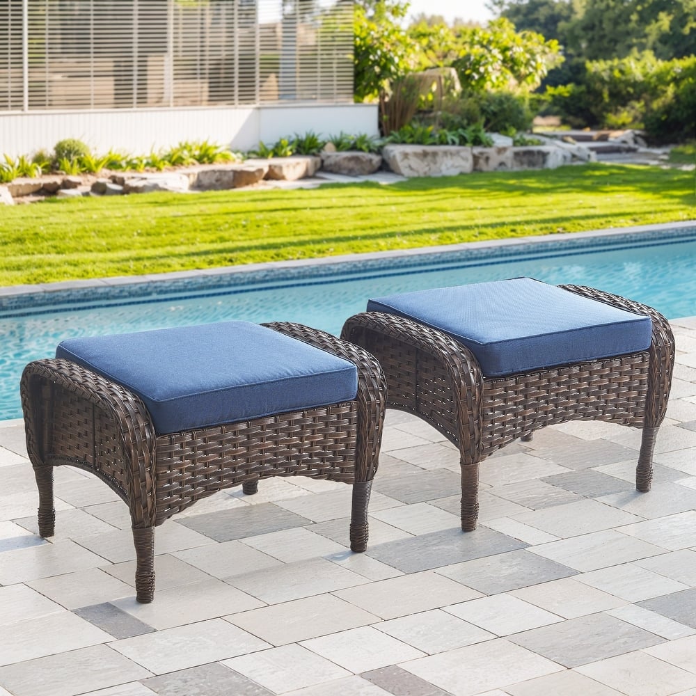 Gymojoy Versatile Outdoor Wicker Ottomans with Soft Cushions
