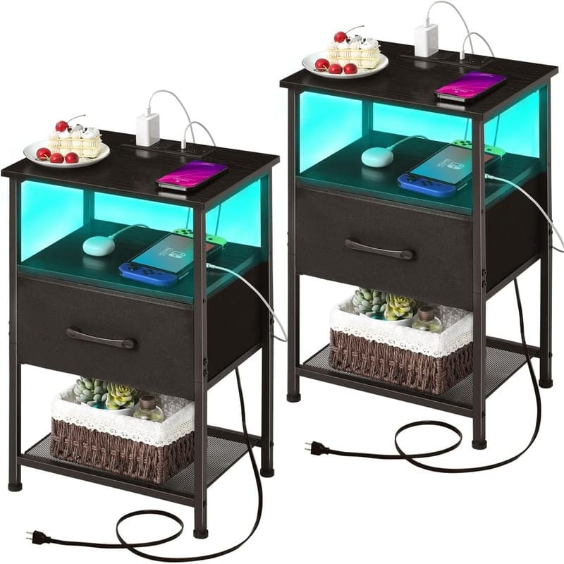 Nightstands Set of 2 with Charging Station and Drawer - Black - 2-drawer