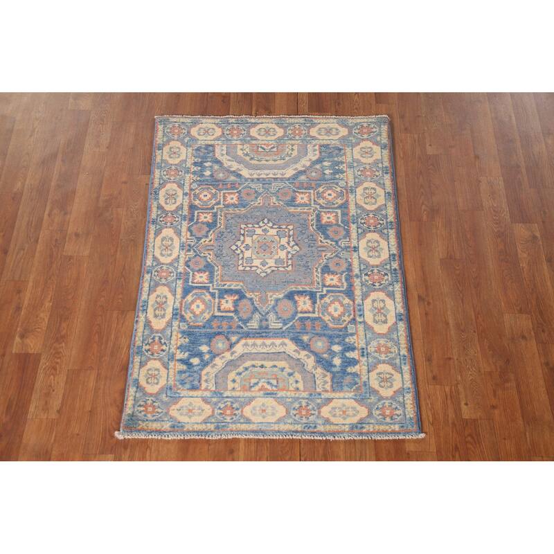 Blue Geometric Kazak Accent Rug Hand-Knotted Wool Carpet - 2'9" x 4'0"