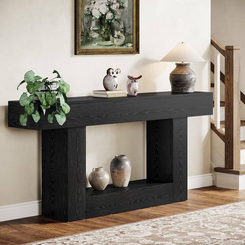 Farmhouse 2 Tiers Console Table Entryway Table with U-Shaped Base - Black