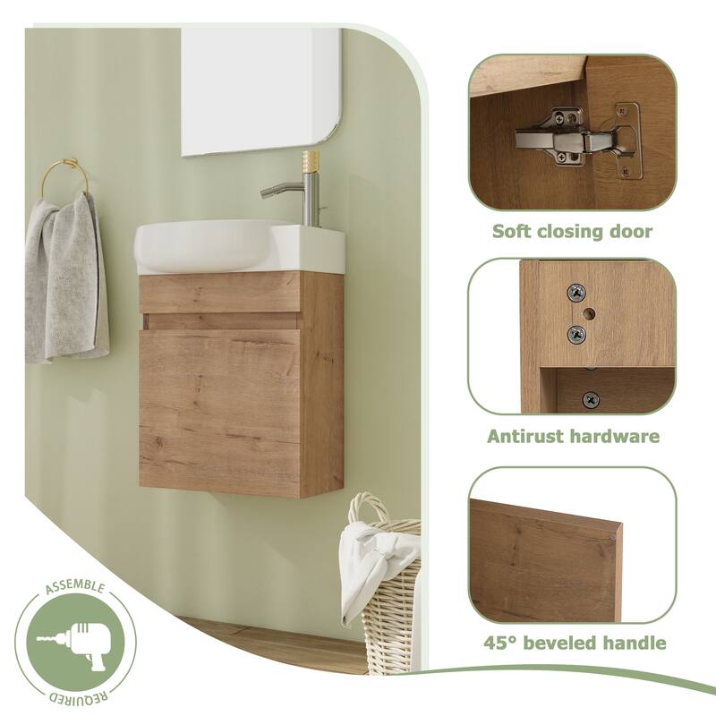 Malwee 16" Floating Bathroom Vanity, Mini Wall Mounted Bathroom Vanity with Ceramic Sink and Soft Close Door