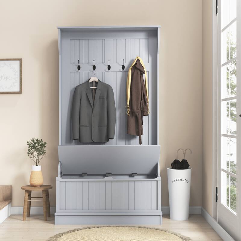 Grey MDF Entryway Shoe Bench with Steel Hooks and Storage Seat - 37.75" W x 13.5" D x 70.75" H
