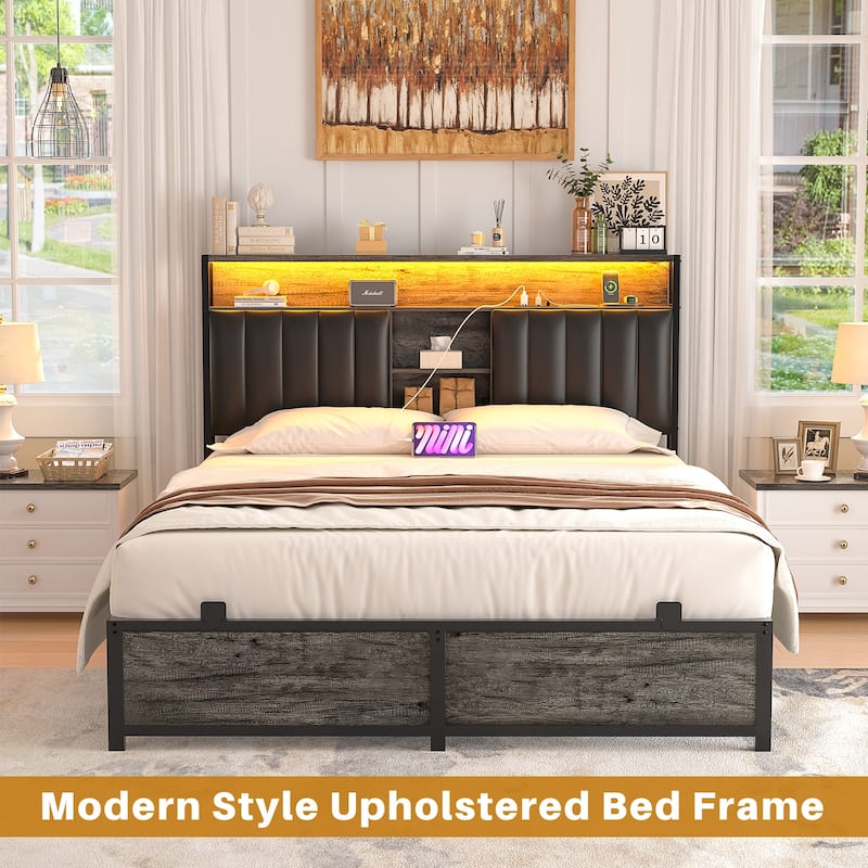 Upholstered Bed Frame with Storage Shelving, Platform Beds with Charge Station and LED Lights