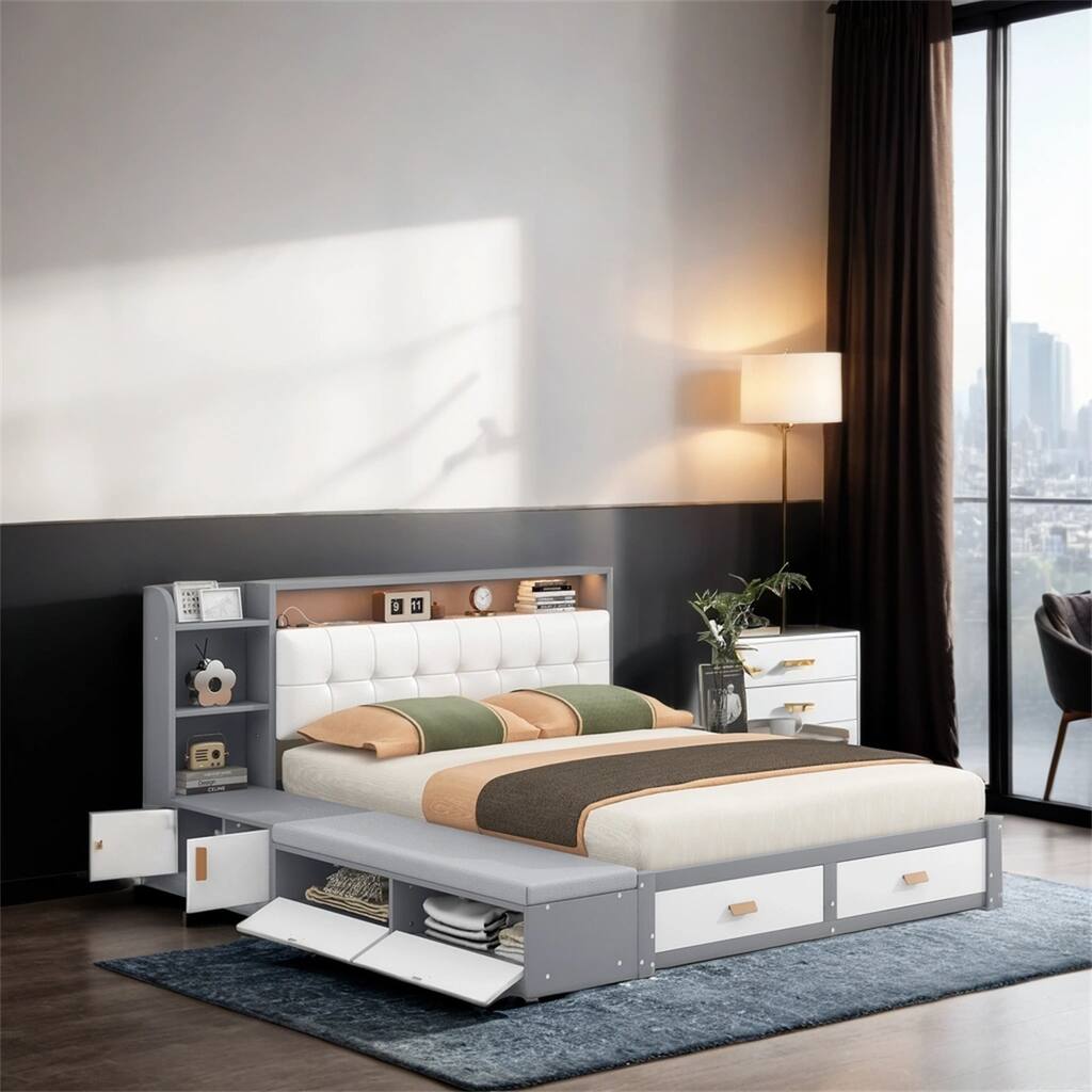 Queen Size Low Profile Platform Bed Frame with Upholstery Headboard