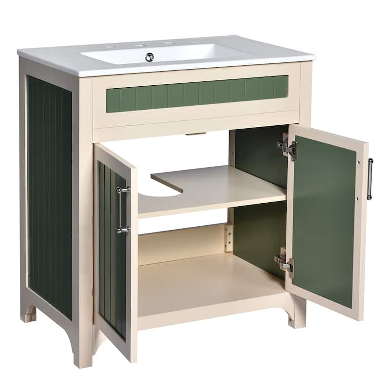 30" Wood Bathroom Vanity Cabinet with Ceramic Sink,Adjustable Shelf