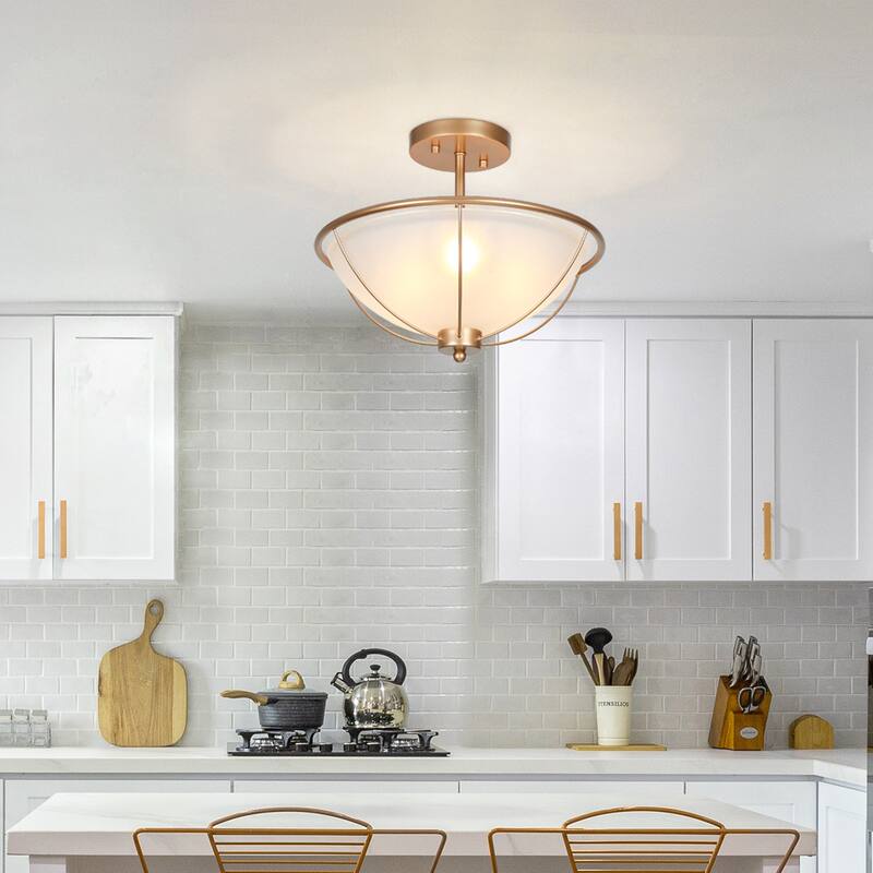 Mid-Century Modern 3-Light Gold Semi-Flush Mount Ceiling Frosted Glass Light for Kitchen - 13" D x 11" H