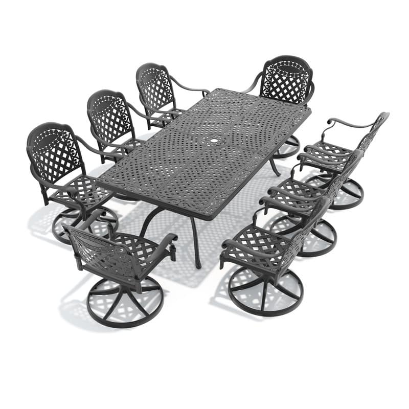 9-Piece Aluminum Rectangular Outdoor Patio Dining Set, 8 Cushioned Swivel Chairs, Table, All-Weather Frames