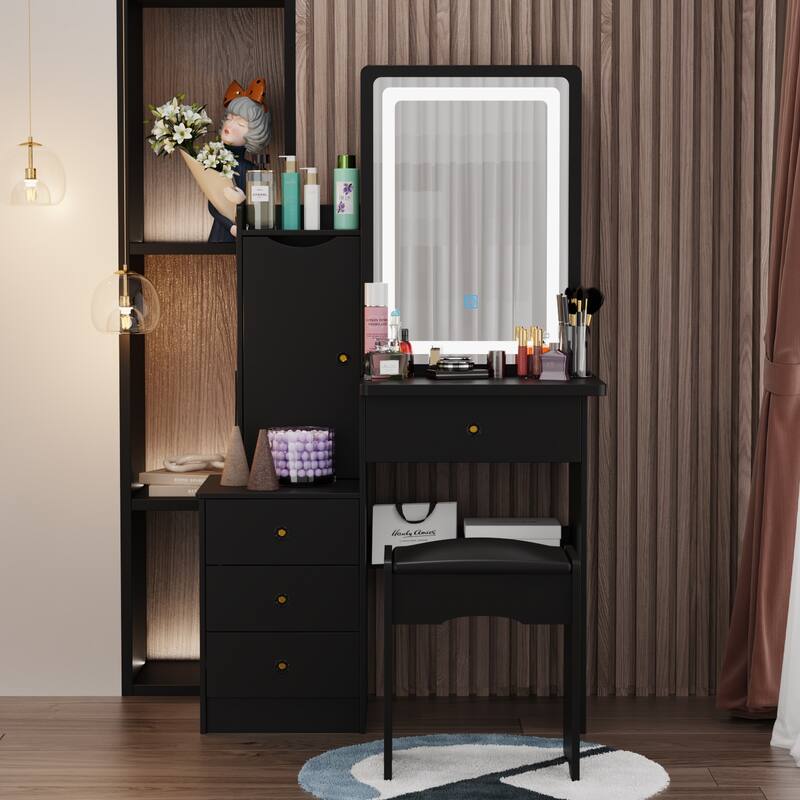 Makeup Vanity Set with Sliding Lighted Mirror & Stool - Hidden Shelves - 33"L x 15.7"W x 52.4"H
