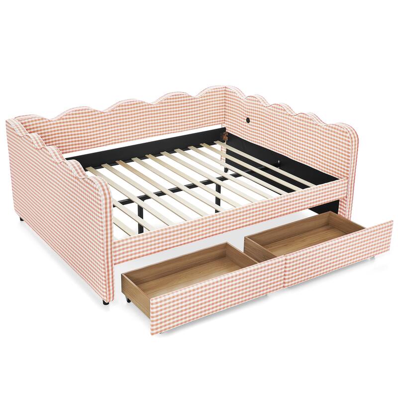 Full/Queen Gingham Daybed with 2 Storage Drawers, USB Port & Wave Shaped Linen Fabric