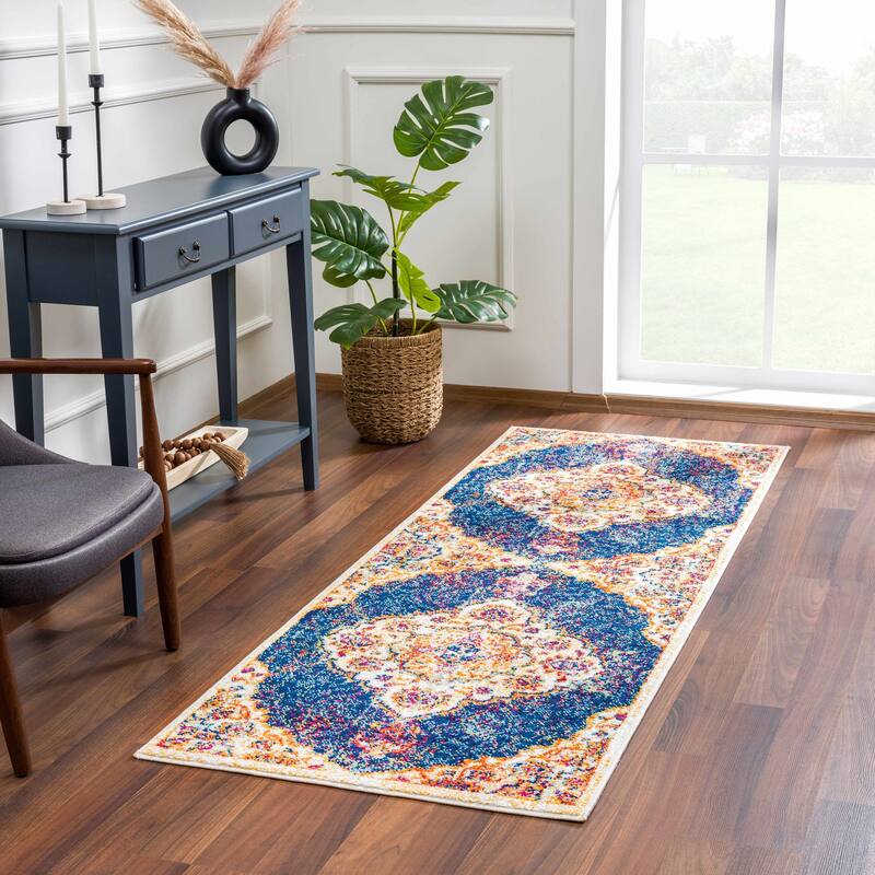 Hauteloom Istanbul Collection Vintage Oriental Traditional Medallion Area Rug - 2'7" x 7'3" - Red, Ivory, Fuschia, Blue