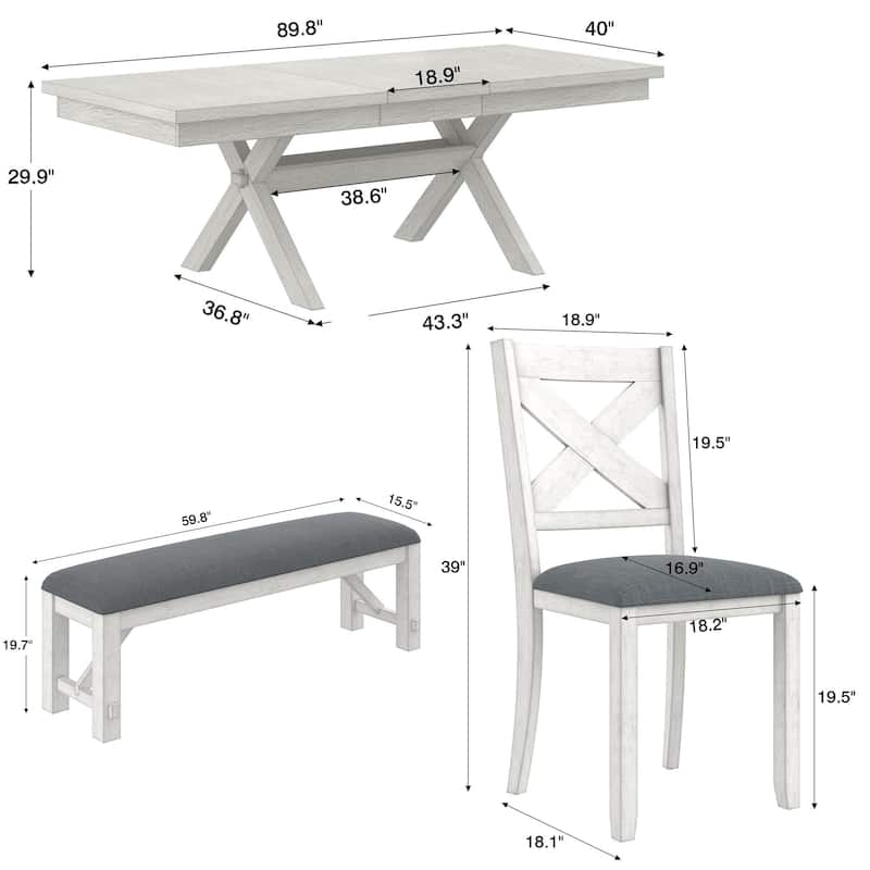 VECELO Dining Table Set with Bench, Solid Wood Rectangular Extendable Dining Table & 4/6 Solid Wood Dining Chairs