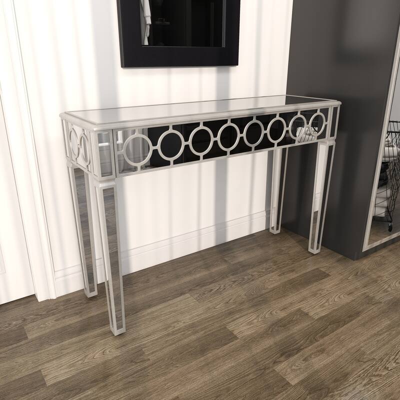 Silver Glass Mirrored Geometric Console Table with Circular Panel Inlay