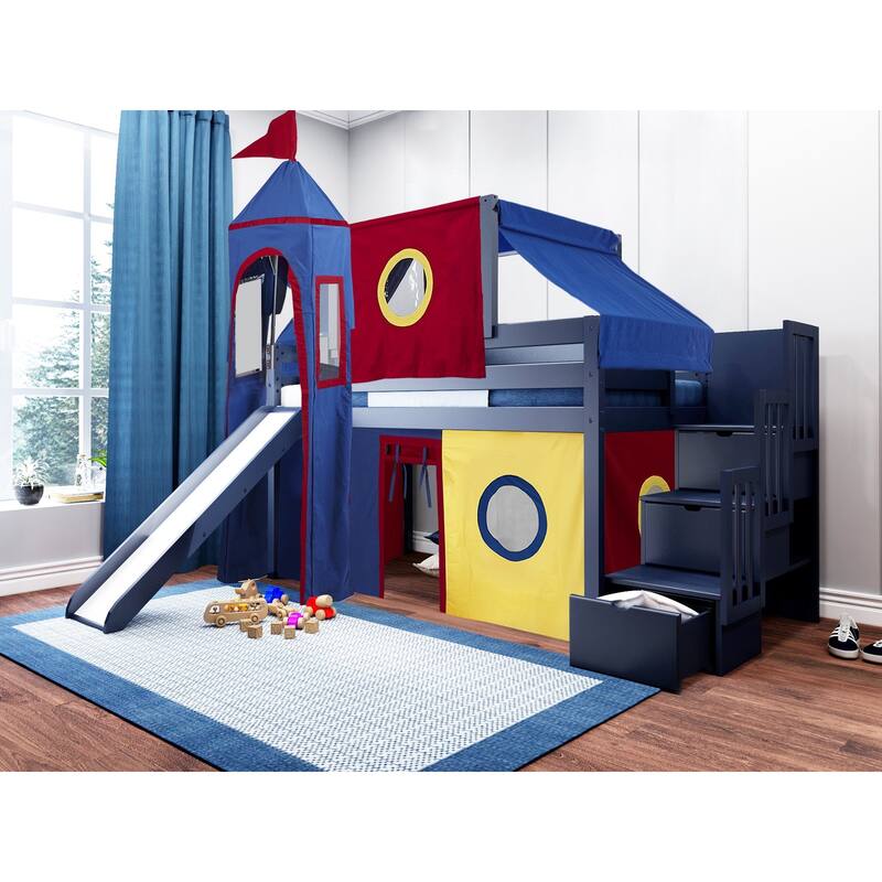 JACKPOT Prince & Princess Low Loft Twin Bed, Stairs Slide Tent & Tower