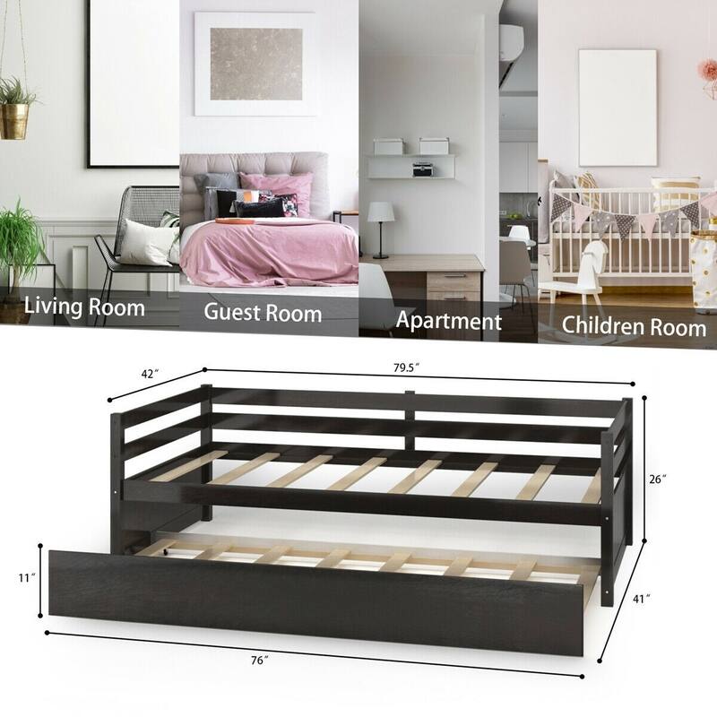 Metal Twin Size Trundle Platform Bed Frame with Wooden Slat Support and Space-Saving Design