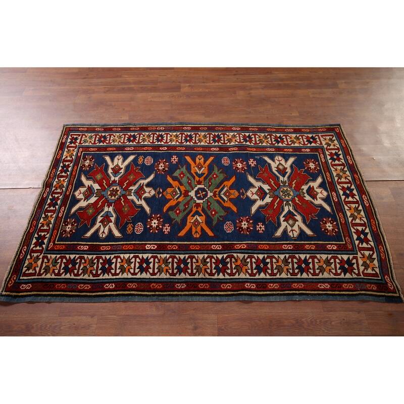 Navy Blue Geometric Kazak Vegetable Dye Wool Carpet - 3'5" x 5'2"