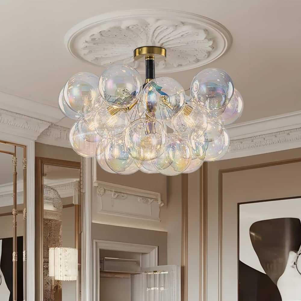 Modern Pearlescent Bubble Glass Semi Flush Mount Light 24.8 in Brass