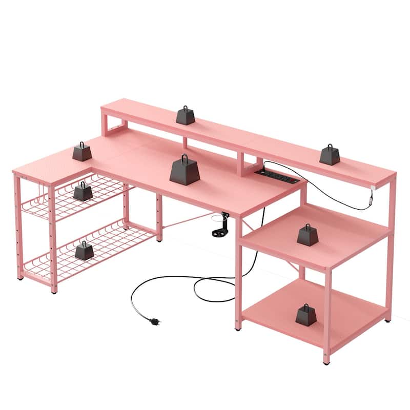 Bestier 71.5“” Computer Desk with Power Outlets, L Shaped LED Home Office Desk with Long Monitor Stand and Cup Holder & Hooks