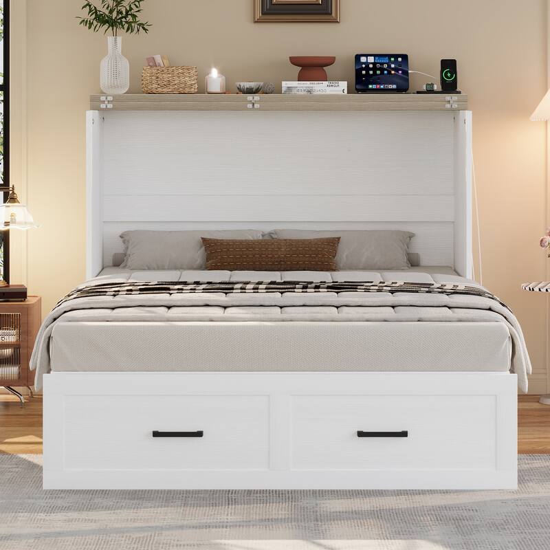 Full Size Wood Murphy Bed with Charging Station, Foldable Platform Bed with Large Storage Drawer