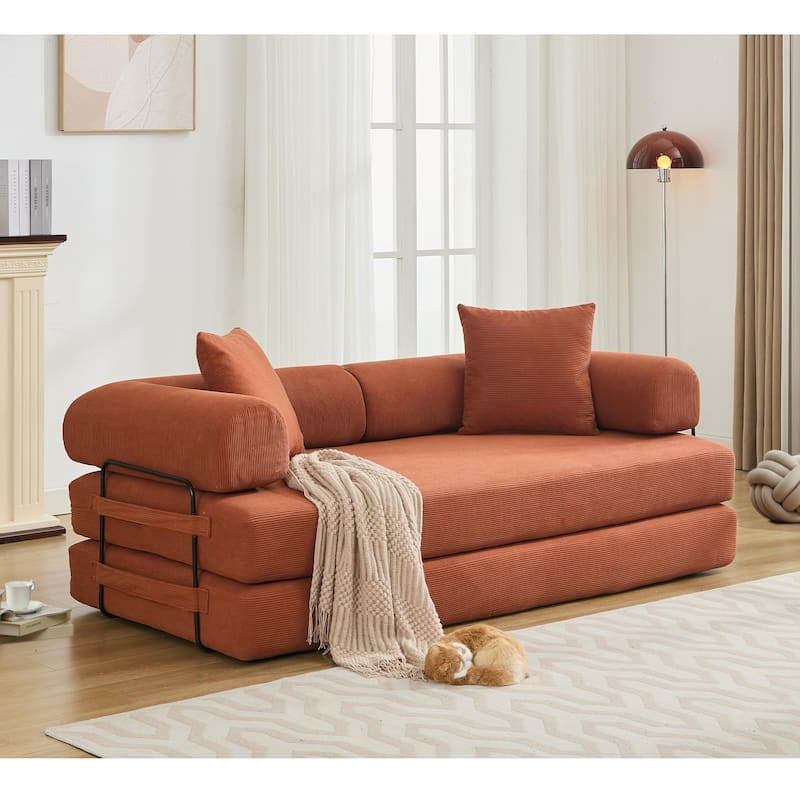 78.5" Folding Convertible Out Sleeper Sofa Bed, 3 Seat, Orange Corduroy