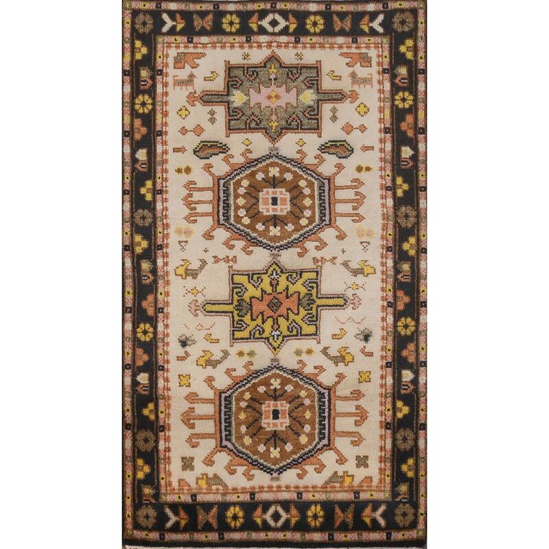Traditional Beige Heriz Serapi Indian Rug Hand-Knotted Wool Carpet - 3'0" x 5'3"