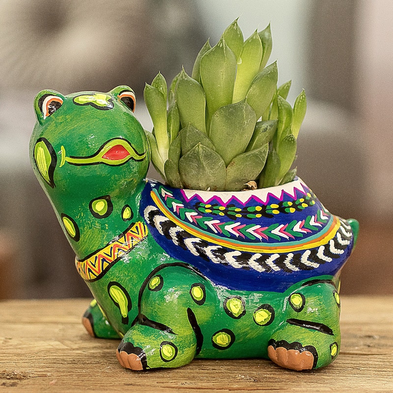 Novica Handmade Mountain Turtle Small Ceramic Flower Pot